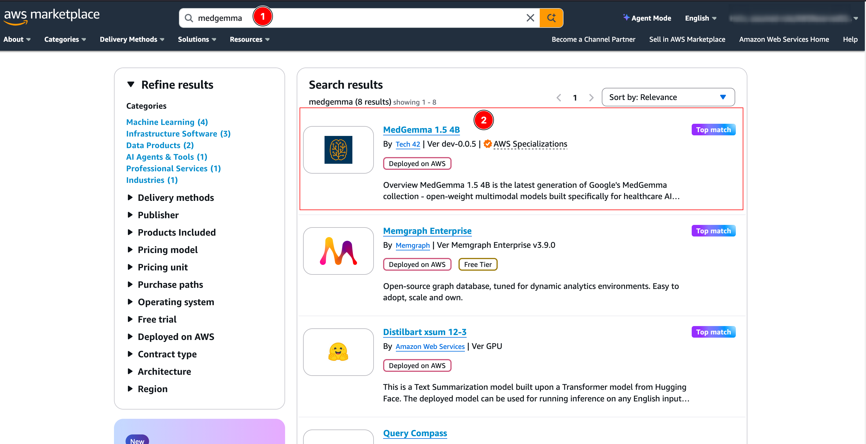 AWS Marketplace search for "medgemma" — MedGemma 1.5 4B by Tech42 is the top match