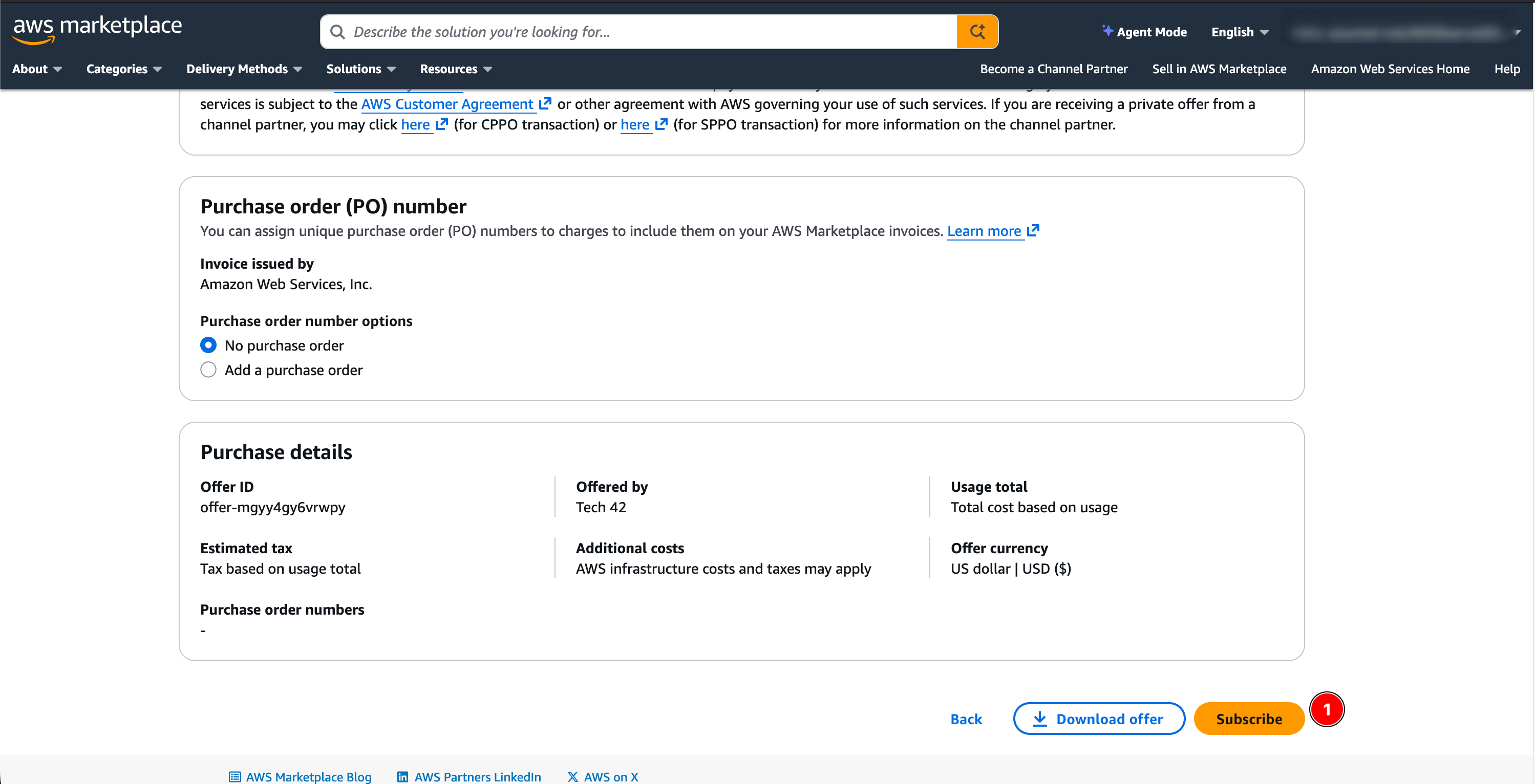 Purchase details page showing the offer and the Subscribe button