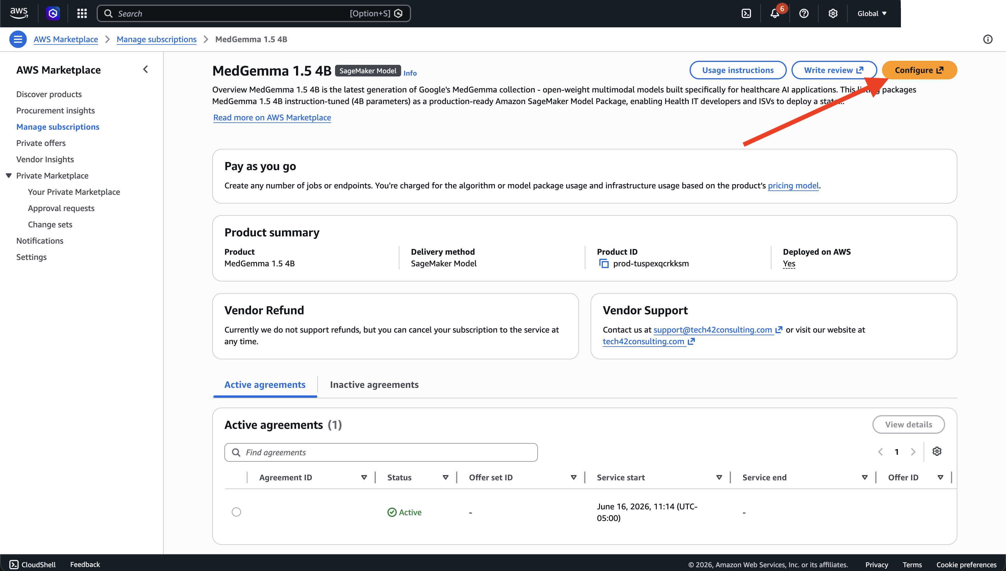 MedGemma subscription page with the Configure button highlighted